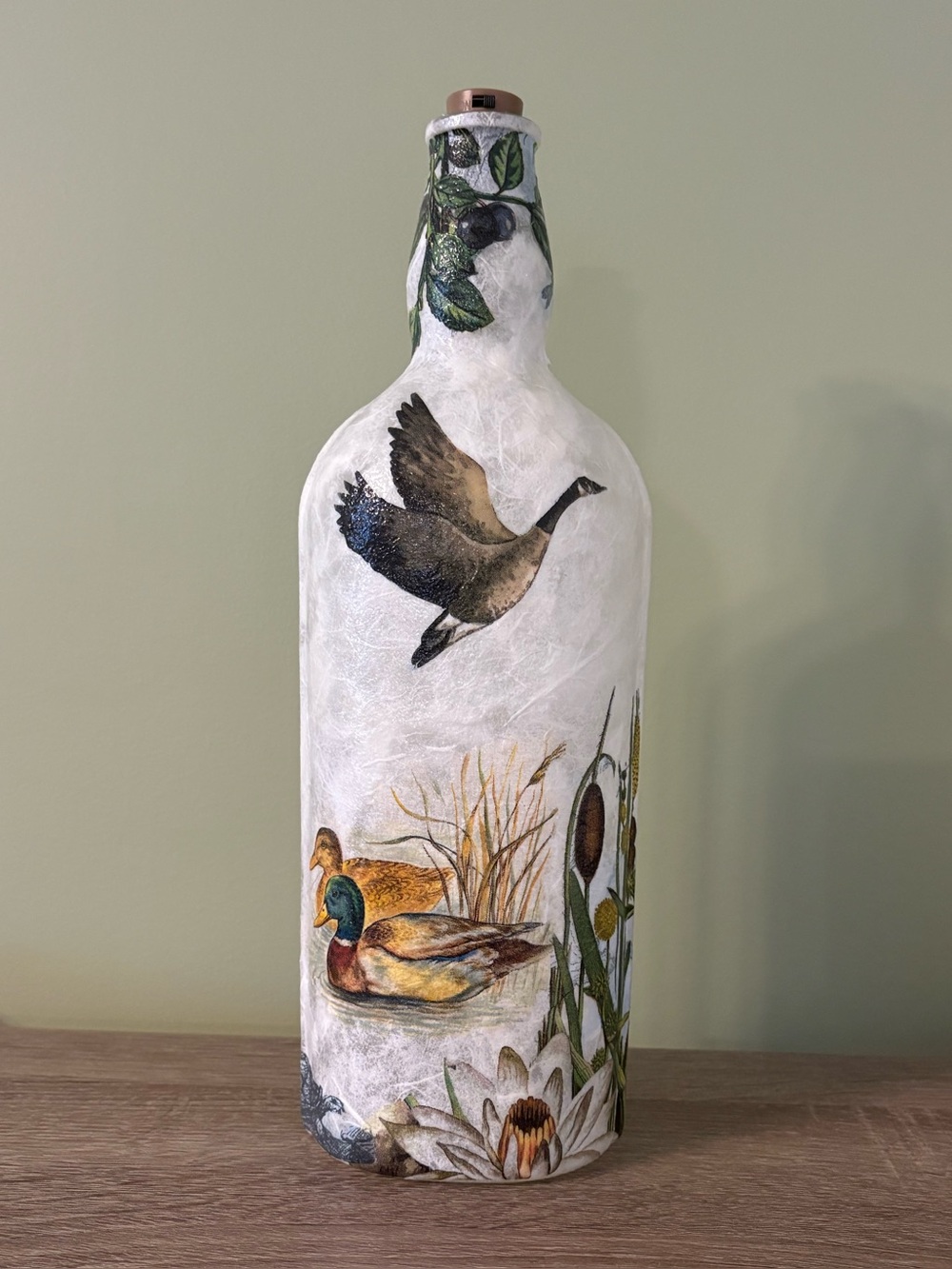 Decorated Bottles, Decoupage, Ducks, Home Decor, Camp Decor